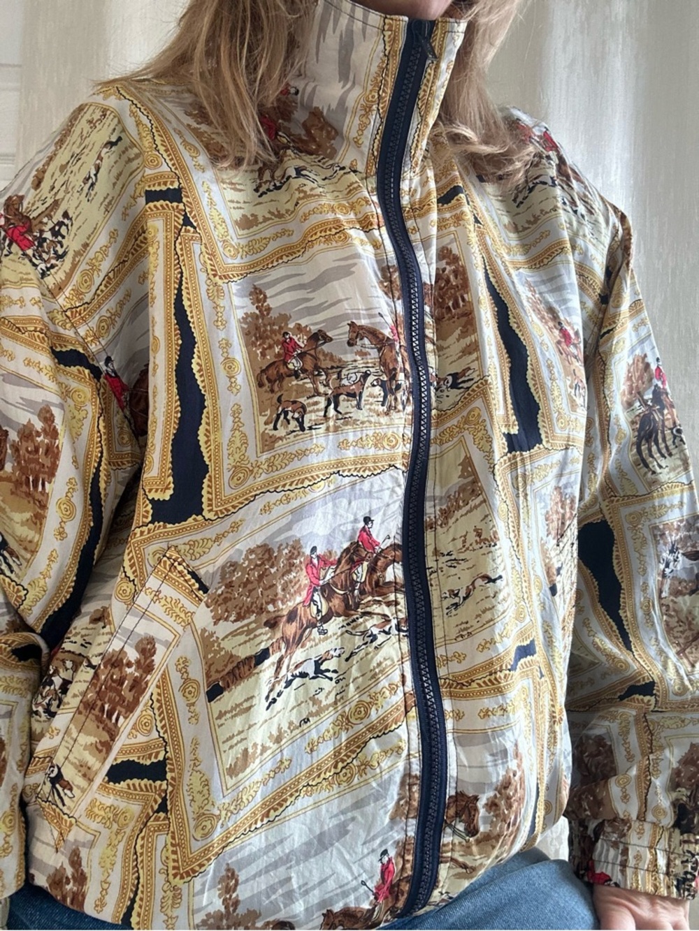 Vintage Bogari Studio 100% Silk Equestrian Fox Hunt Bomber Jacket -Funnel Neck - Picture 2 of 9
